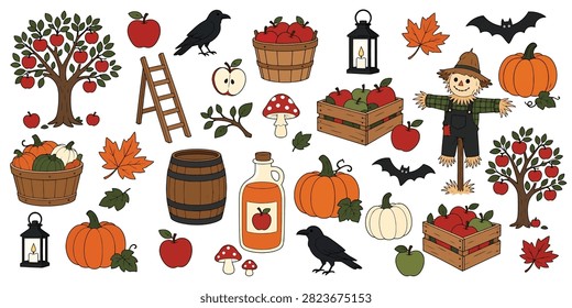 Autumn harvest set with pumpkins, apples, scarecrow, crow, bats, mushrooms, leaves, barrel, ladder, lantern and wooden crates