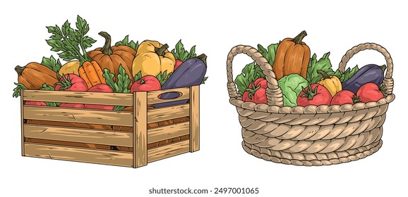 Pegatinas de conjunto de cosecha de otoño frutas y verduras de colores recolectados en la víspera de Acción de Gracias colocados en una caja de madera o Ilustración vectorial de cesta