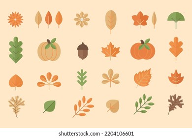 Autumn harvest set symbols. Set of autumn elements: leaves, berries, fruits, vegetables, mushrooms, acorns, pumpkin etc. Vector illustration in doodle style. Eps 10