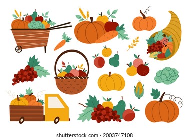 Autumn harvest set. Vector farm vegetables, fruit and berry collection with pumpkins, carrot, apple, cabbage, corn, pear, grapes. Funny fall illustration with basket, truck, wheelbarrow, cornucopia