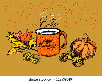 Autumn harvest still life. Happy Thanksgiving vector lettering. Hot cup, maple leaves, walnuts, pumpkin. Line art style.