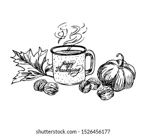 Autumn harvest still life with hot cup, walnuts, pumpkin, maple leaves. Thanksgiving lettering. Line art style.