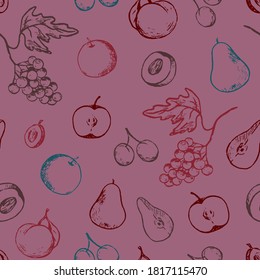 Autumn harvest, sweet fruits doodles seamless pattern. Hand drawn vector wallpaper in vintage sketch style. Abstract colored botanical background for design, print, wrapping, fabric, textile, decor.