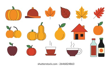 Autumn Harvest Symbols Featuring Pumpkins Leaves Fruits and Warm Beverages for Seasonal Decorations