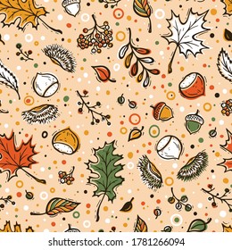 Autumn Harvest Symbols Vector Seamless Pattern. Hand Drawn Doodle Different Tree Leaves, Chestnuts, Rowan, Flowers and Berries