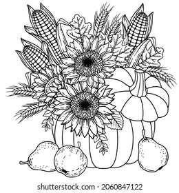 Autumn harvest for Thanksgiving. Coloring vector for adults. Black and white bouquet in a vase with pumpkin, sunflower, corn, apple, pear, ears of wheat