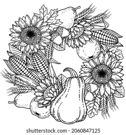 Autumn harvest for thanksgiving day. Vector coloring page for adult. Black and white wreath made with leaves, sunflower, corn, apple, pear, ears of wheat and pumpkin