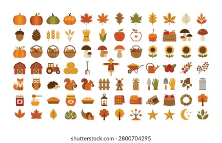 Autumn harvest and thanksgiving flat vector icon set featuring pumpkins, leaves, farm animals, tractor, apples, mushrooms, rural agriculture, nature elements