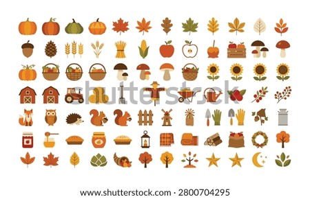 Autumn harvest and thanksgiving flat vector icon set featuring pumpkins, leaves, farm animals, tractor, apples, mushrooms, rural agriculture, nature elements