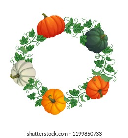 Autumn, harvest, thanksgiving, halloween poster, flyer, greeting card, banner vector design template. Circular frame with multicolored pumpkins with vines and leaves isolated on white background.