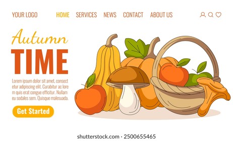 Autumn harvest time, landing page vector template. Seasonal fall fruits, vegetables and mushrooms. Pumpkin, squash, apple basket, porcini or boletus and chanterelle. For website, web, online, banner.