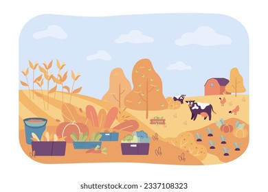 Autumn harvest time on fields vector illustration. Baskets of fresh vegetables and corn on ground, ripe fruits on trees, cows and chickens on farm. Autumn, seasonal produce, farming concept