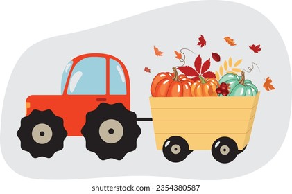 Autumn harvest. Tractor with a trailer with pumpkins. High quality vector illustration.