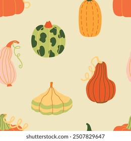 Autumn harvest various pumpkins and leaves hand drawn cute simple illustration seamless pattern. Modern clip art wallpaper for children books, stationery, wrapping paper and social media