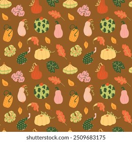 Autumn harvest various pumpkins and leaves hand drawn cute simple illustration seamless pattern. Modern clip art wallpaper for children books, stationery, wrapping paper and social media