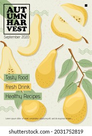 Autumn harvest vector card design. Veggie pear poster concept. Vector pear cartoon illustration. Healthy organic natural food for autumn farm market design.