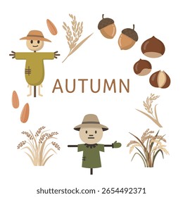 Elementos de Ilustración vectorial de la cosecha de otoño, espantapájaros, bellota, castaño, arroz, cultivos de otoño, Vector mínimo, acogedoras, decoraciones de temporada