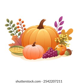 Autumn harvest vector illustration featuring pumpkins, corn, grapes, apple, acorn and fall leaves.