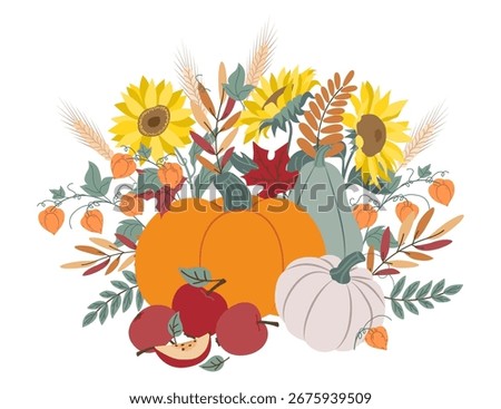 Autumn harvest vector illustration featuring pumpkins, sunflowers, gourds, and apples. Vibrant foliage adds a seasonal touch, capturing the essence of fall s bounty and warmth.
