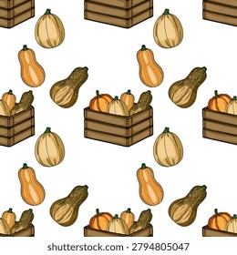 Autumn harvest vector pattern with pumpkins in wooden crates and scattered gourds