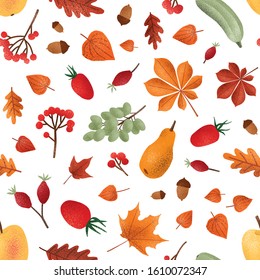 Autumn harvest vector seamless pattern. Seasonal fruits and berries, acorns and leaves texture. Vegetables and foliage background. Creative textile, wallpaper, wrapping paper design.