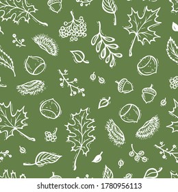 Autumn Harvest Vector Seamless Pattern. Hand Drawn Doodle Different Tree Leaves, Chestnuts, Rowan, Flowers and Berries. Green Background