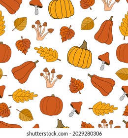 Autumn harvest vector seamless pattern on white background. Forest mushrooms, leaves and pumpkins