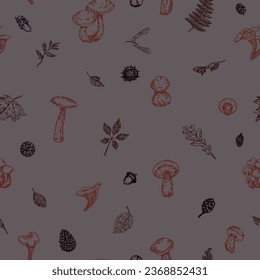 Autumn harvest vector seamless pattern. Ornament of edible mushrooms, fallen leaves, nuts, pine cones. Hand drawn retro style design for background, wallpaper, decor.