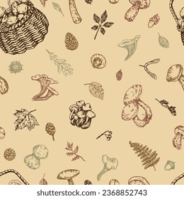 Autumn harvest vector seamless pattern. Ornament of edible mushrooms, fallen leaves, nuts, pine cones. Hand drawn retro style design for background, wallpaper, decor.