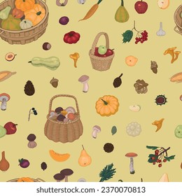 Autumn harvest vector seamless pattern. Ornament of seasonal vegetables, fruits, mushrooms, berries, pine cones, nuts. Cartoon style design for background, wallpaper, decor.