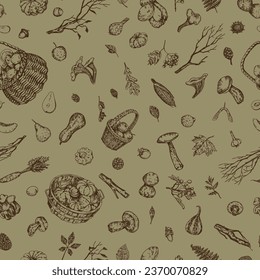 Autumn harvest vector seamless pattern. Ornament of seasonal vegetables, fruits, mushrooms, fallen leaves, branches, berries, pine cones. Hand drawn retro style design.