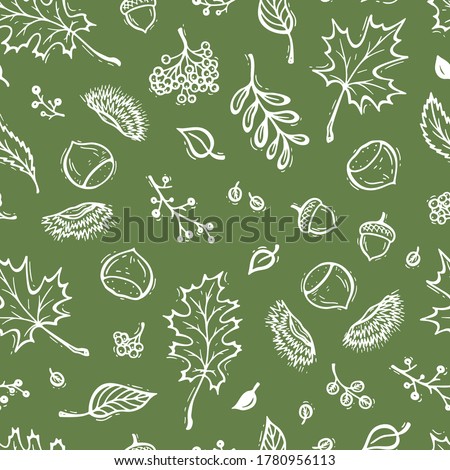 Autumn Harvest Vector Seamless Pattern. Hand Drawn Doodle Different Tree Leaves, Chestnuts, Rowan, Flowers and Berries. Green Background