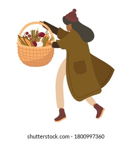 Autumn harvest and vegetable garden.  Girl with a basket of vegetables. Funny girl in autumn clothes with a harvest basket on a white background. Vector flat illustration in cartoon style.