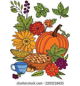 Autumn harvest vegetable pumpkin corn acorn flowers Autumn Fall season coloring illustration pages