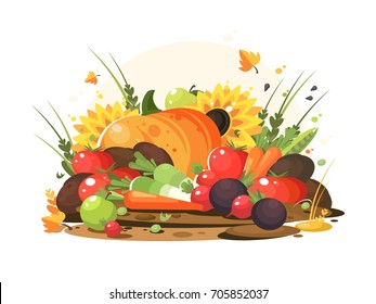 Autumn harvest of vegetables and fruits. Pumpkin and tomatoes, apples and carrots. Vector illustration