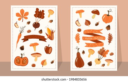 Autumn harvest of vegetables fruts nuts and mushrooms. Fresh farm product on two posters. Vector illustration in cartoon style