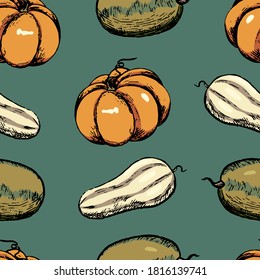Autumn harvest, vegetables pumpkin doodles seamless pattern. Hand drawn vector wallpaper in ink sketch style. Abstract colored botanical background. For design print, wrapping, fabric, textile, decor.