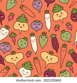 Autumn harvest vegetables. Seamless pattern. Cute orange background with kawaii root vegetables. Smiling faces of characters. Friendly beet. Kind turnip. Adorable carrot. Merry rutabaga. Happy daikon.