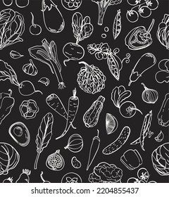 Autumn harvest vegetables seamless pattern. Pumpkin, leaf, tomato, eggplant, beetroot, carrot, onion and radish. Fall outline illustration for wallpaper, wrapping, textile