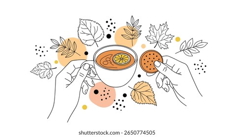 Colheita de outono bebida quente e produtos frescos cozidos com decoração folhas de outono