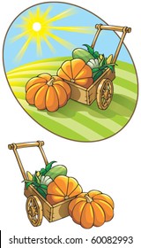 Autumn harvest: wheelbarrow with vegetables, vector illustration