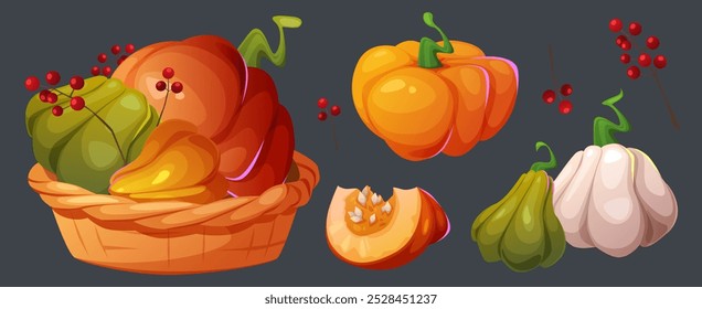 Cosecha de otoño en cesta de mimbre. Conjunto de Ilustración vectorial de dibujos animados de verduras y bayas de calabaza de temporada de otoño. Calabaza naranja, verde y blanca: entera, apilada en una caja de supermercado y cortada en rodajas con semillas.