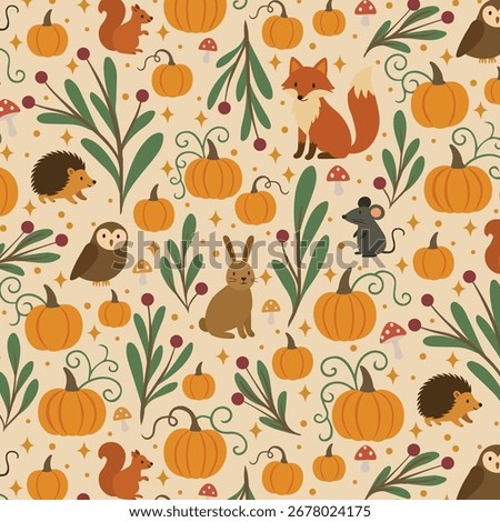 Autumn Harvest Whimsical Seamless Pattern with Pumpkins, Woodland Animals and Botanical Foliage