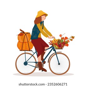 Autumn harvest.  A woman carries pumpkins, plants, vegetables, physalis on a bicycle. Vector illustration.