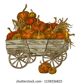 Autumn harvest. wooden cart with pumpkins. Color. Engraving style. Vector illustration.