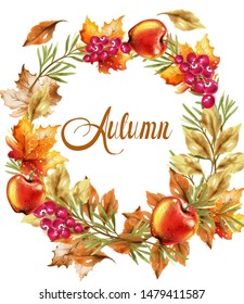 Autumn harvest wreath card Vector. Fall muchrooms and fruits decor poster