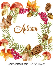 Autumn harvest wreath card Vector. Fall muchrooms and fruits decor poster