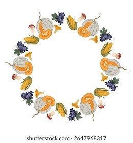 Autumn harvest wreath with pumpkins, corns, grapes, and mushrooms. Fall round frame for seasonal designs, invitations, greeting cards, Thanksgiving and halloween decor. Flat circle frame vector.