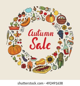 Autumn Harvest,garden,farm food in circle wreath.Sale poster.Vector hand drawing natural,vegetable,ecology composition,lettering fall is coming.Shop garden, farm, organic Illustration.Vintage  
