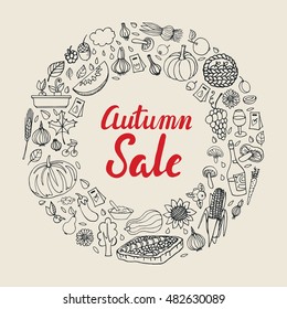 Autumn Harvest,garden,farm food,circle wreath.Sale poster.Vector hand drawing natural,vegetable,healthy ecology composition,lettering fall is coming.Shop garden, farm, organic Illustration.Vintage  